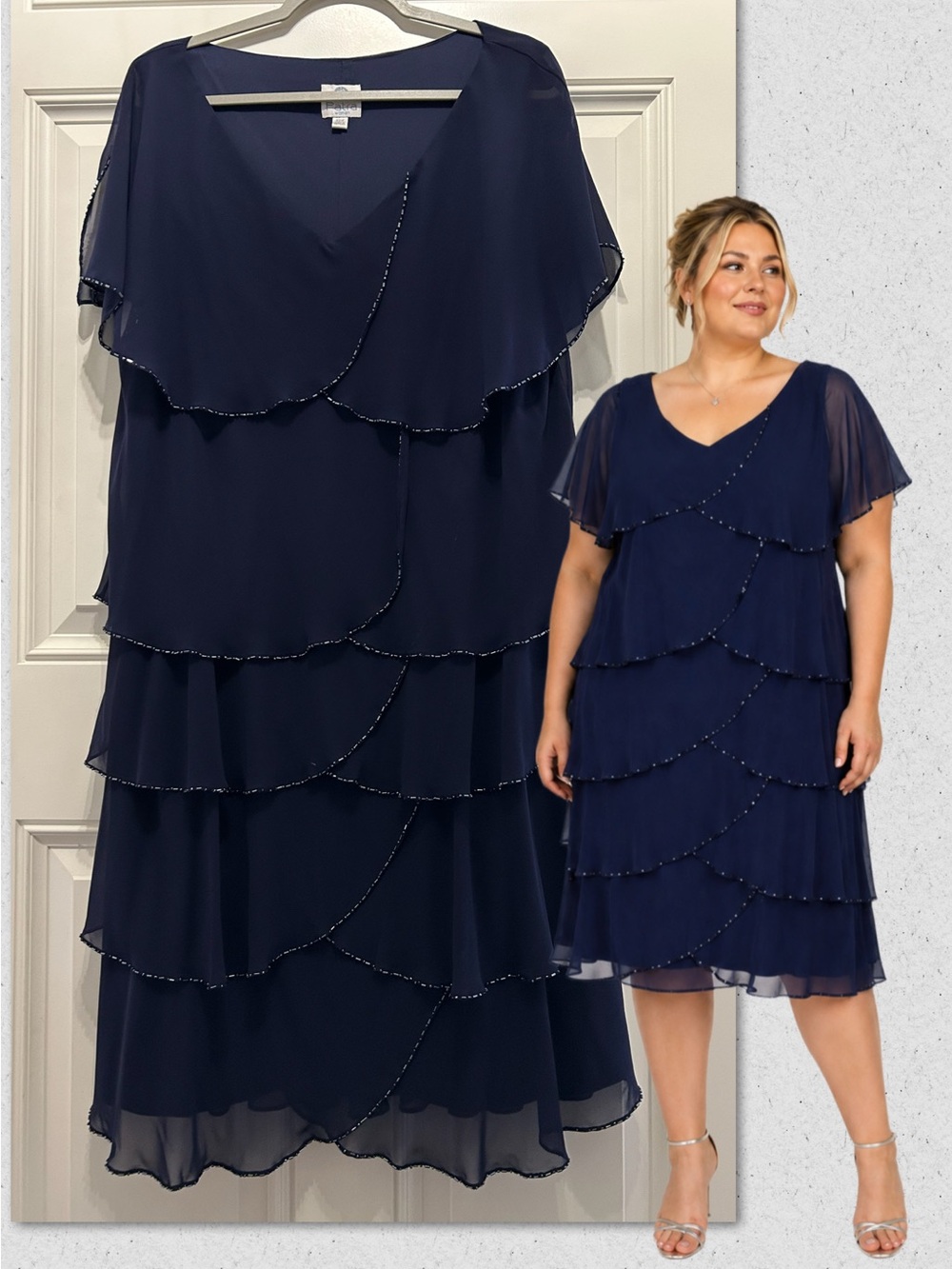Patra Navy Blue Plus Size Formal Evening Midi Short Sleeve Layered Beaded Dress